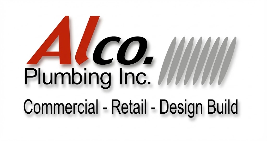 Logo of a plumbing company with red and black text and gray graphic elements.